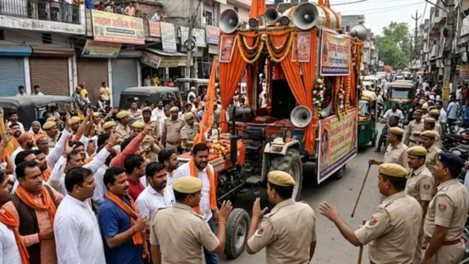 मेरठ में 'लव जिहाद से सावधान' लिखा रथ पुलिस ने रोका, हंगामा; कार्रवाई पर जताई नाराजगी