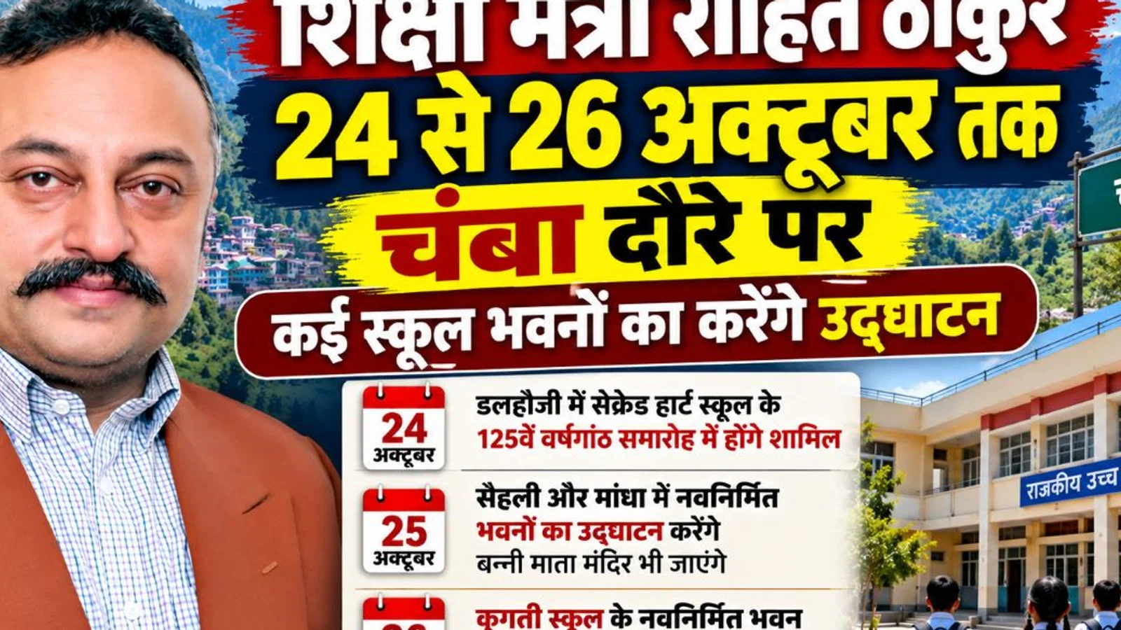 शिक्षा मंत्री रोहित ठाकुर का 24 से 26 अक्टूबर तक चंबा दौरा